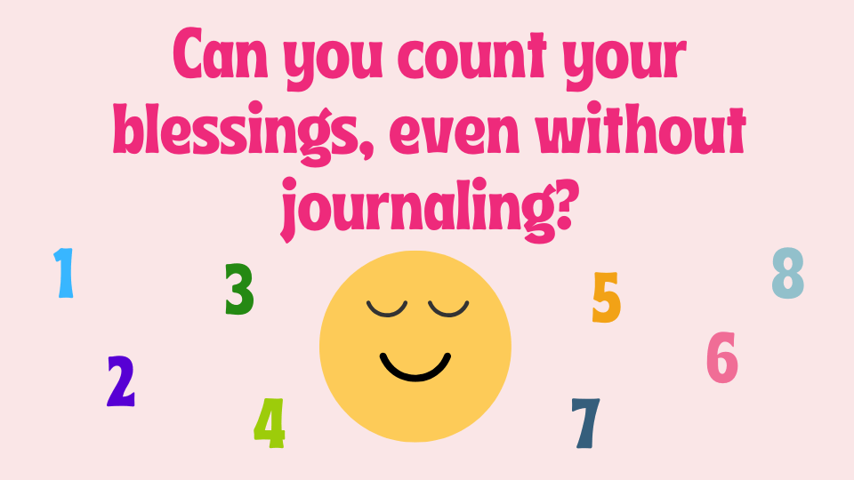 A cheerful smiley face character counting blessings on a notepad, symbolizing gratitude and self-reflection without journaling.