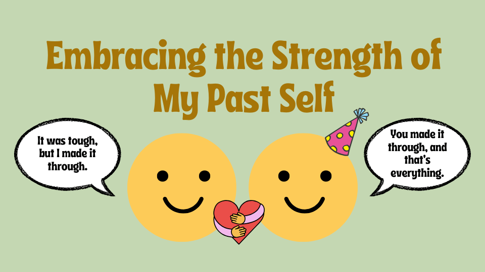 Embracing the strength of my past self: Current and past selves holding hands, offering support and encouragement.