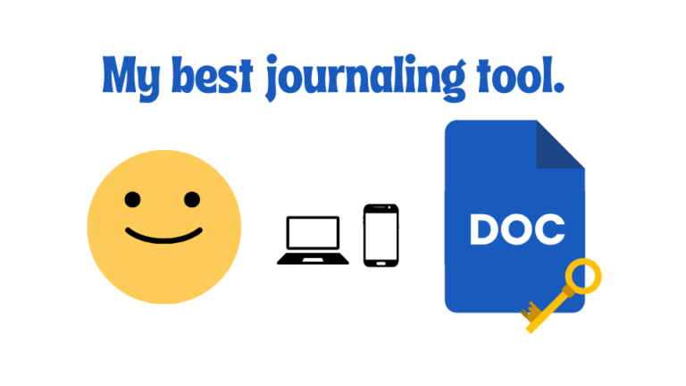 Google Docs icon, happy face, and devices (PC and smartphone) representing the best digital journaling tool.