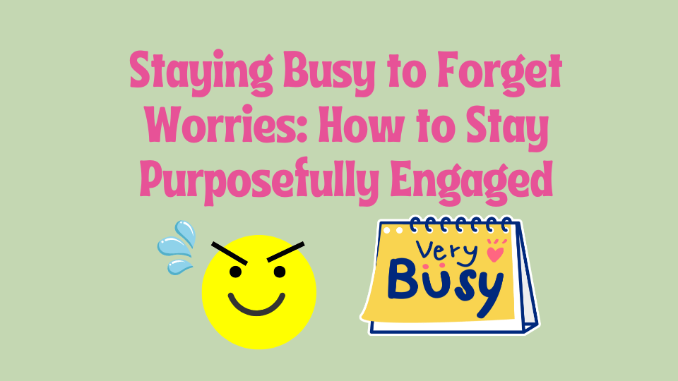 Staying busy to forget worries: Calendar, focused work, and a smiling person with sweat to show productivity and purpose-driven engagement.