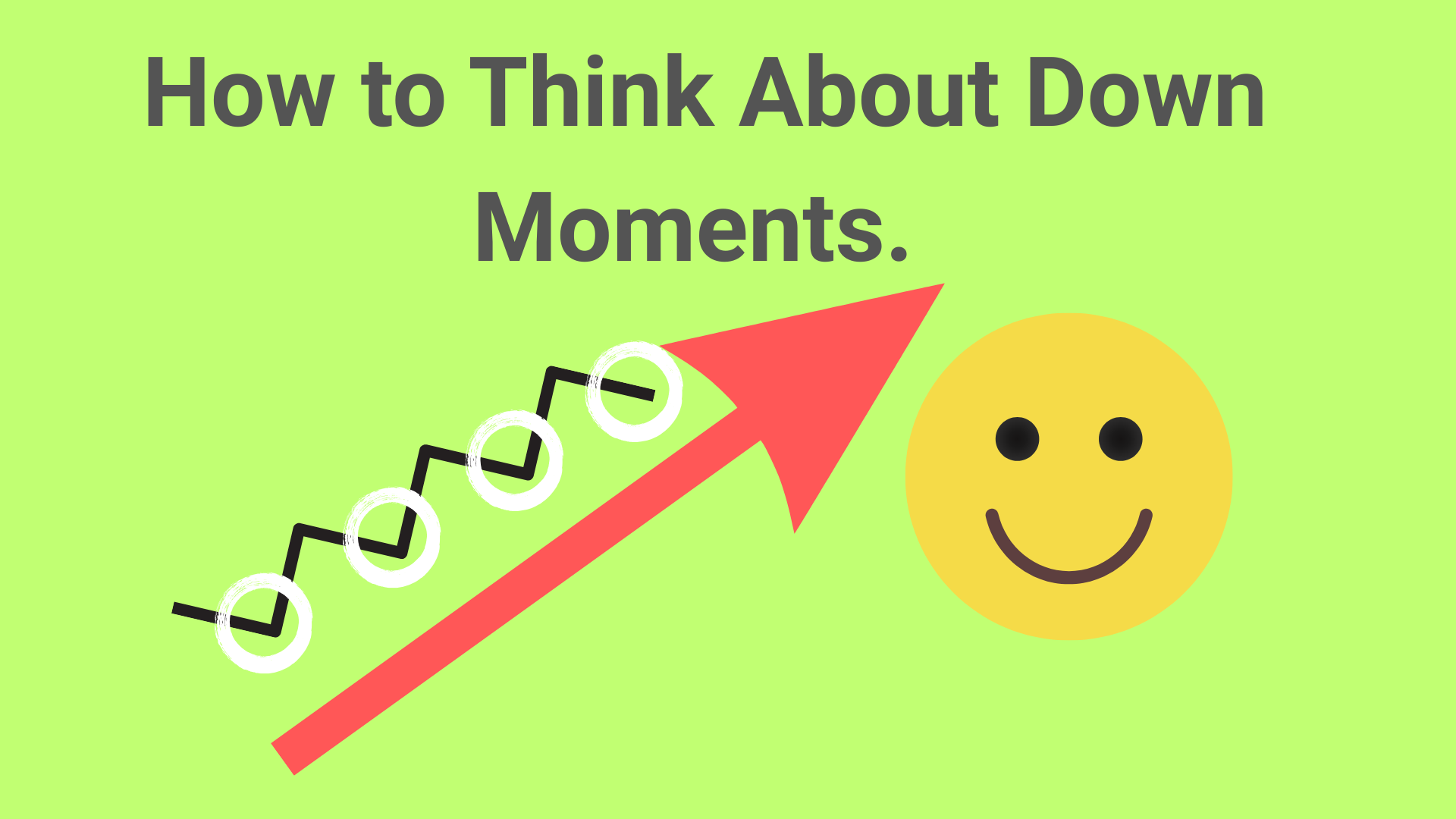 An upward arrow with dips leading to a smiling face, with the text “How to Think About Down Moments” — symbolizing growth through emotional lows.