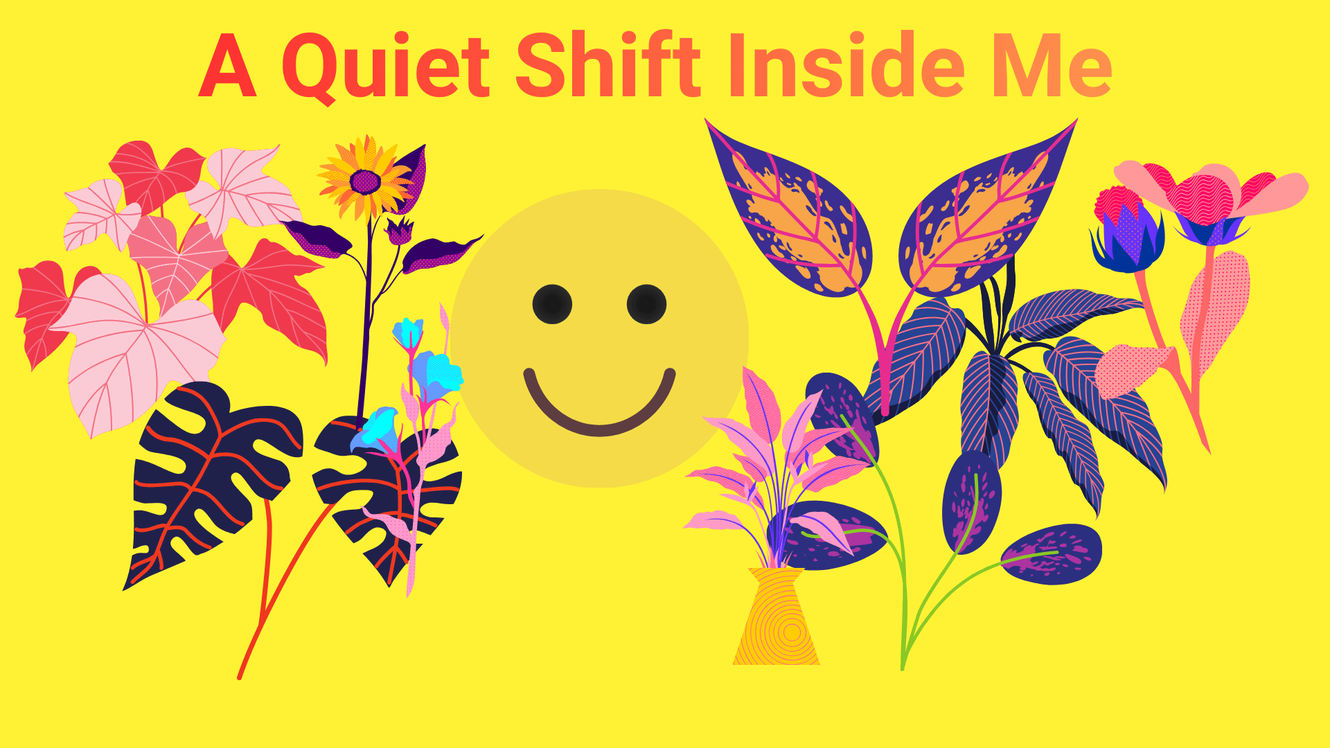 A peaceful smiling icon surrounded by fresh plants, symbolizing inner healing and a quiet mindset shift