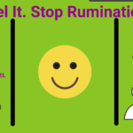 A smiling character placing a label on a harmful background figure to stop rumination and overthinking
