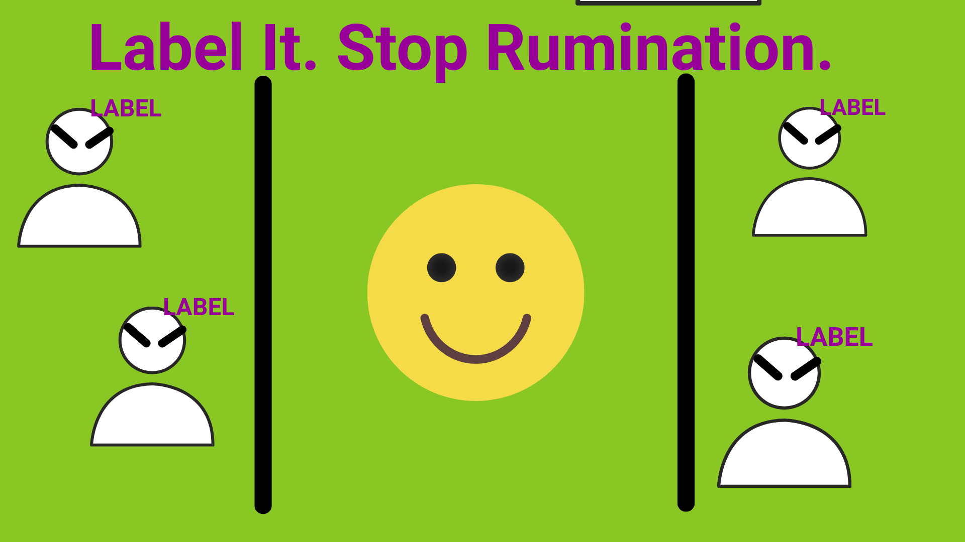 A smiling character placing a label on a harmful background figure to stop rumination and overthinking